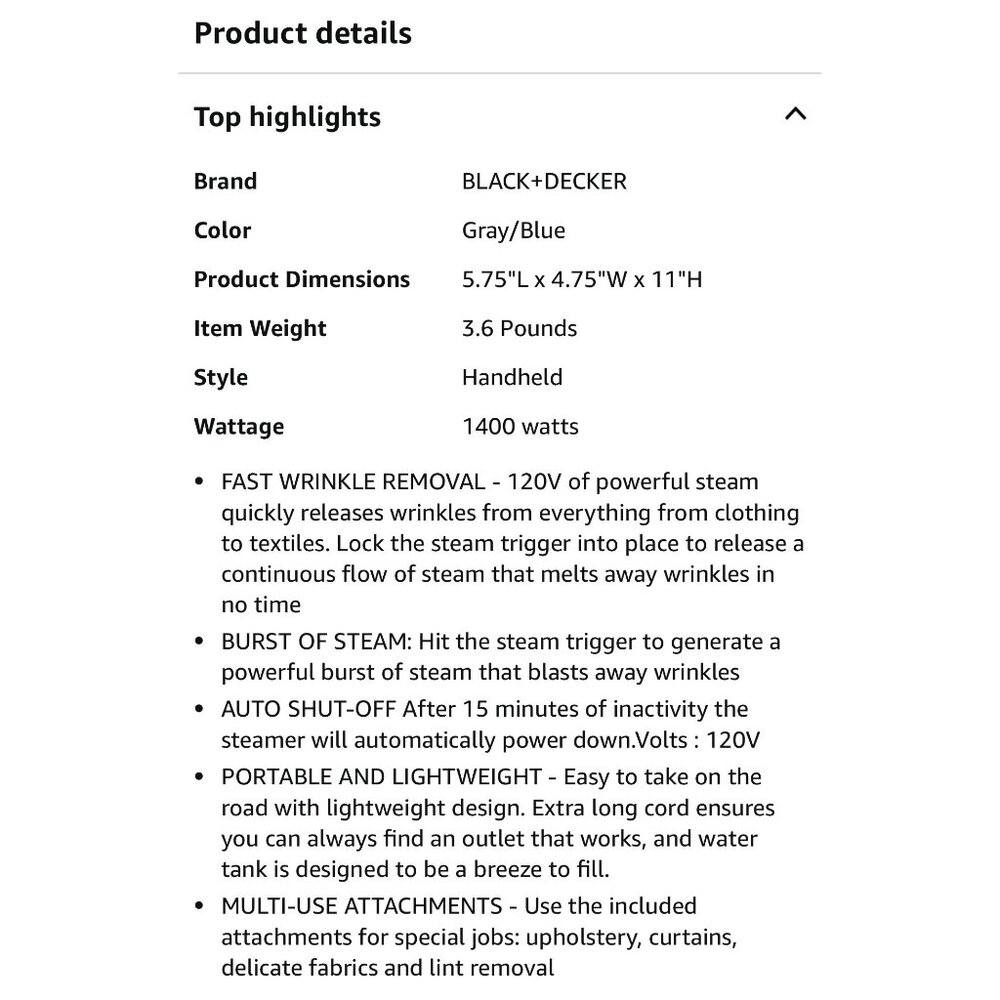 Black & Decker Handheld Garment Steamer Detachable Water Tank & 3 Attachments - Picture 8 of 9